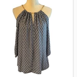 MICHAEL Michael Kors Black &White Cold Shoulder Sheer Blouse Gold Chain Neckline